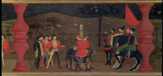Predella över skändandet av hostian: den judiske pantlånaren och hans familj bränns på bål för att ha rostat den invigda hostian, ca 1468 (detalj)