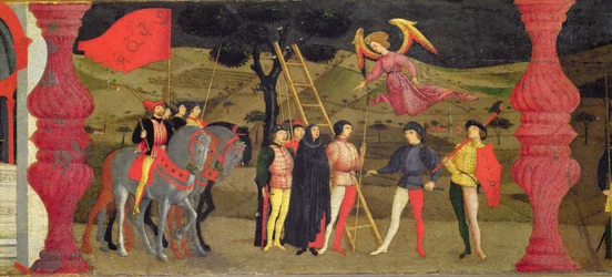 Predella med skändningen av hostian: Den ångerfulla kristna kvinnan hängs för att ha pantsatt den konsekrerade hostian, cirka 1468 (detalj)