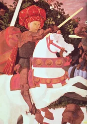 Slaget vid San Romano, detalj av Niccolo da Tolentino d.1435, ledare för de florentinska legosoldaterna, c.1450-60 tempera på paneldetalj av 30690