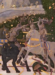 Slaget vid San Romano, detalj av två kavallerister engagerade i strid, c.1450-60 tempera på paneldetalj av 30690