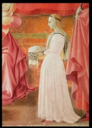 Jungfruns födelse, detalj av en stående tjänarinna från freskcykeln av Jungfruns och St. Stefans liv, från freskmålningen Cappella dellAssunta kapellet i Assumption 1433-34
