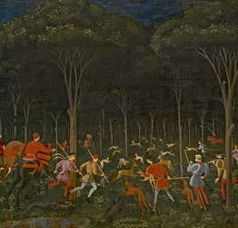 Jakten i skogen, c.1465-70 olja på paneldetalj av 100861