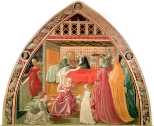 Jungfruns födelse. Barnmorskorna tar hand om den nya medan en tjänare tvättar Jungfruns händer. Målning av Paolo Uccello (Paolo di Dono detto