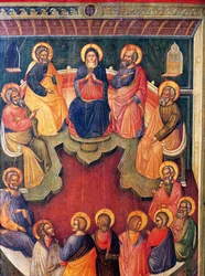 Jungfrun omgiven av tolv apostlar eller pingst, av Paolo Veneziano (aktiv 1333-1358)