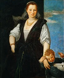 Porträtt av en kvinna med ett barn och en hund Isabella Guerrieri Gonzaga Canossa, 1547-1548.