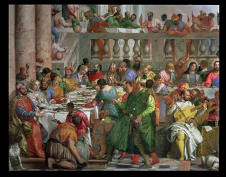Bröllopsfesten i Cana, detalj av bankettbord med man i grön dräkt och dvärg med en papegoja, c.1562 olja på duk detalj av 94932