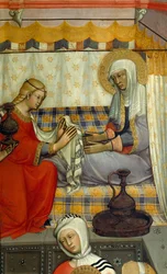 Altartavla med Jungfruns födelse av Paolo di Giovanni Fei (ca 1345-ca 1411), tempera på trä, detalj