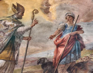 Fresker av Paolo de Matteis daterade 1714 på valvet och på trumman, som skildrar helgonets liv, San Cataldo-kapellet i katedralen, Taranto, Italien (foto)