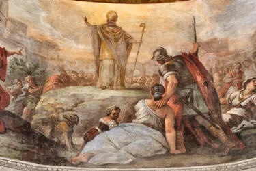 Fresker av Paolo de Matteis daterade 1714 på valvet och på trumman, som skildrar helgonets liv, San Cataldo-kapellet i katedralen, Taranto, Italien (foto)