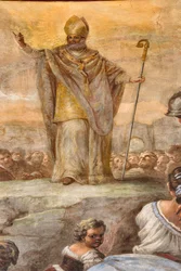 Fresker av Paolo de Matteis daterade 1714 på valvet och på trumman, som skildrar helgonets liv, San Cataldo-kapellet i katedralen, Taranto, Italien (foto)