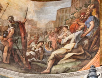 Fresker av Paolo de Matteis daterade 1714 på valvet och på trumman, som skildrar helgonets liv, San Cataldo-kapellet i katedralen, Taranto, Italien (foto)