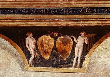 Adam och Eva, från Jungfrun av ödmjukhet med änglar och heliga, ca 1440 (tempera med guld på panel) (detalj)