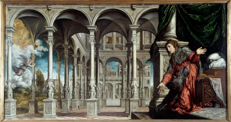 Tillkännagivande. Målning av Paris Bordon eller Bordone (1500-1571)