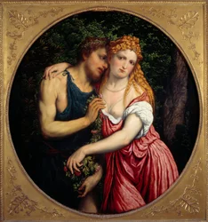 Daphnis och Chloe. Mytologisk representation av ett par. Målning av Paris Bordon eller Bordone (1500-1571)