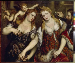 Flora, Venus, Mars och Amor (Flora, Venus, Mars och Amor). Målning av Paris Bordone (1500-1571), olja på duk, cirka 1550. Italiensk konst (Venedig)