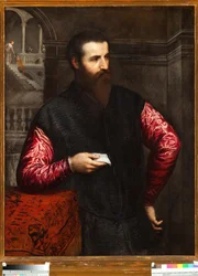 Porträtt av en adelsman med röda ärmar - Målning av Paris Bordon eller Bordone (1500-1571) Genes Musei di Strada Nuova inv n 43