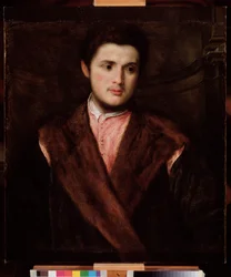 Porträtt av en ung man som bär en päls Målning av Paris Bordon (1500-1571) 1500-talet Dim 75x64 cm Genes Musei di Strada Nuova (ex Palazzo Rosso)