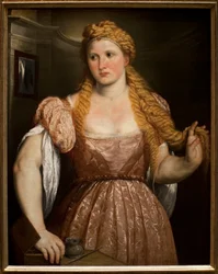 Porträtt av en ung kvinna. Målning av Paris Bordone (eller Bordon) (1495-1571), olja på duk, cirka 1550. Italiensk konst (Venedig)
