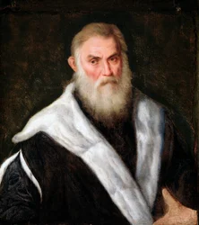 Porträtt av en gammal man som bär en päls Målning av Paris Bordon (1500-1571) 1500-talet Dim 70x62 cm Genes Musei di Strada Nuova (ex Palazzo Rosso)