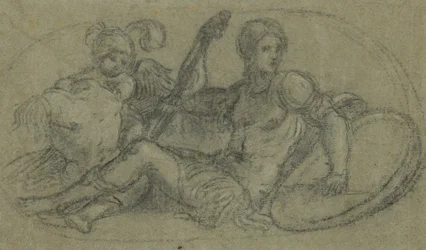 Sittande manlig figur med putto och rustning