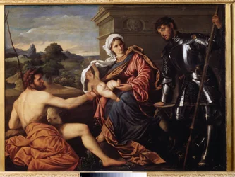 "Madonna and Child, Saint John the Baptist and Saint George" (Madonna and Child, Saint John the Baptist and Saint George) Målning av Paris Bordon eller Bordone (1500-1571) ca 1530 Pouchkine Museum, Moskva