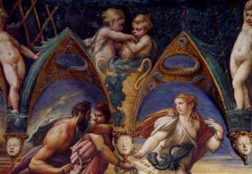 Actaeon med hans följeslagare, detalj från Myth of Diana and Actaeon, cirka 1524, av Francesco Mazzola, känd som Parmigianino (1503-1540), fresk, Room of Diana and Actaeon, Rocca Sanvitale, Fontanellato, nära Parma, Emilia-Romagna, Italien