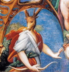 Actaeons förvandling till hjort, från Myth of Diana and Actaeon, cirka 1524, av Francesco Mazzola känd som Parmigianino (1503-1540), fresk, Room of Diana and Actaeon, Rocca Sanvitale, Fontanellato, nära Parma, Emilia-Romagna, Italien