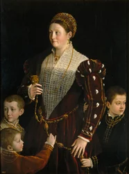 Camilla Gonzaga, Contessa di San Secondo, med tre söner, ca 1534 (olja på panel)