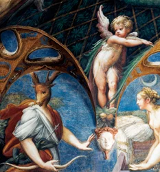 Diana förvandlar Aktaion till en hjort, detalj ur Myten om Diana och Aktaion, cirka 1524, av Francesco Mazzola, känd som Parmigianino (1503-1540), fresk, Diana och Aktaions rum, Rocca Sanvitale, Fontanellato, nära Parma, Emilia-Romagna, Italien