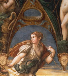 Nymfen som greps av pastorn, av Francesco Mazzola, känd som Parmigianino (1503-1540), fresk. Detalj. Rocca Sanvitale, Fontanellato, Emilia Romagna.