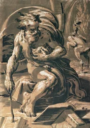 Diogenes, graverad av Ugo da Carpi (1470/80-1532) (träsnitt med ljusa färger)