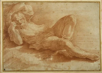 Skäggig figur som sover (röd krita på vitt papper)