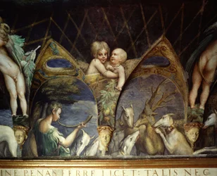 Detalj av en fresk av rummet av Diane (Artemis) och Acteon av Francesco Mazzola kallad Le Parmesan (1503-1540) (Parmigianino) för Paola Gonzaga och Galeazzo Sanvitale. Den representerar ett nymfspelande horn samt kerubiner och "putti". Acteon är ett rådjur