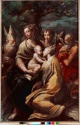 Madonnan med barnet, den heliga Margareta, den helige Mikael, den helige Hieronymus och den helige Petronius (Petrone, Petronius). Målning av Francesco Mazzola, kallad Il Parmigianino eller Parmesanaren (1503-1540), 1528-1529. Mått: 222 x 147 cm. Bologna