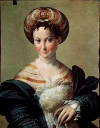 Favoriten eller den turkiska slavinnan. Målning av Francesco Mazzola, kallad Il Parmigianino eller Parmesanaren (1503-1540), omkring 1530. Mått: 67 x 53 cm. Parma, Galleria Nazionale