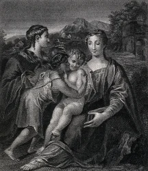 Heliga Maria (den välsignade jungfrun) med Kristusbarnet, den helige Johannes Döparen och den heliga Maria Magdalena. Gravyr efter G.F.M. Mazzola, il Parmigianino.