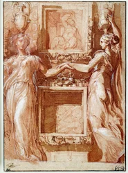 Två kaneforer som ger sin hand, på båda sidor om lådor Ritning i bläck, tvätt, blod och vita flikar av Girolamo Francesco Maria Mazzola dit Parmigianino eller Le Parmesan