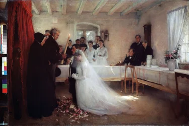""bröllopsvälsignelsen"" (Bröllop) Målning av Pascal Adolphe Jean Dagnan-Bouveret (Dagnan Bouveret) (1852-1929) 1880-1881 Pushkin Museum Moskva