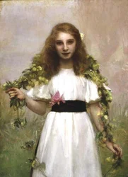 Porträtt av en ung flicka med blommor (olja på duk)