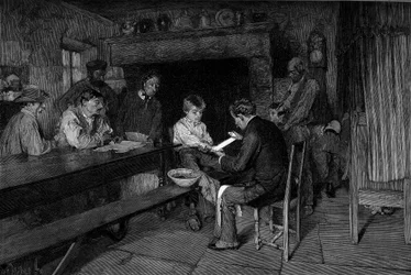 Olyckan (1879): en läkare läker skadan på en ung bonde. Gravyr efter målningen av Pascal Dagnan-Bouveret (Dagnan Bouveret) (1852-1929). I "" The Illustrous World"" nr 1208 av 22 maj