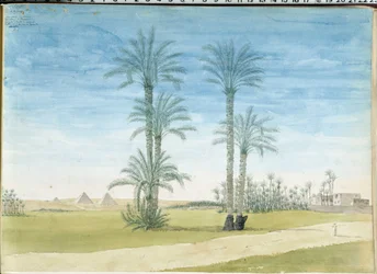 Egypten: "" Pyramids of Gyze (Guizeh, Guiseh, Giza) Teckning av Pascal Coste (1787-1879) Museum of Mediterranean Archaeology, Marseille