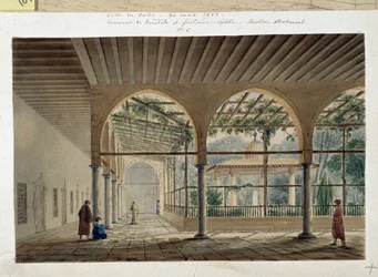 Orientalism: dervischkloster och fontän. Teckning av Pascal Coste (1787-1879)
