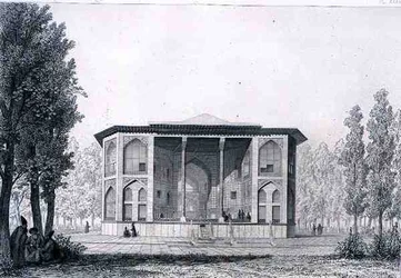 De åtta paradisens paviljong i Isfahan, från "Voyage Pittoresque" of Persia, graverad av Jules Penel (f.1833) och Joseph Durond (f.1816) utgiven av Lemercier, Paris.