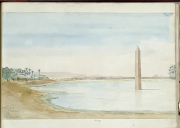 Utsikt över Nilen och Obelisken av Sesostris I i Heliopolis, Egypten. Akvarell av Pascal Coste (1787-1879). Marseilles kommunala bibliotek