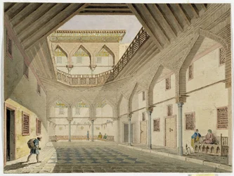 Vy över interiören av en karavanserail, hem för Azir Osman Agha. Akvarell av Pascal Coste (1787-1879) Museum of Mediterranean Archaeology, Marseille