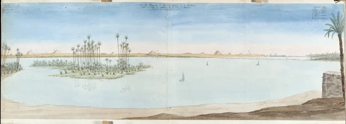 Utsikt över pyramiderna i Guiseh (Guiseh, Giza, Giza), Sakarra och Datekour. Egypten akvarell av Pascal Coste (1787-1879) kommunala biblioteket i Marseille