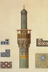 En minaret och keramikdetaljer från moskén i Medrese-i-Shah-Hussein, Isfahan, plåt 24-25 från 