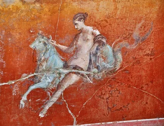 Oplontis, nära Neapel, Italien (Napoli, Italia): väggmålningar i Villa Poppaea - detalj av romersk fresk, mytologisk scen bortförandet av Europa - romersk konst - Foto Patrice Cartier -