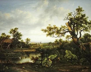 Skogbevuxen landskap (olja på panel)