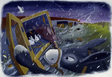 Djur och Noes ark under syndafloden, illustration av Patrizia La Porta.